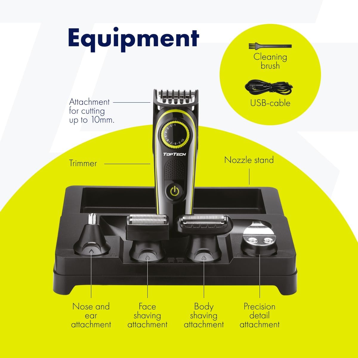 Toptech Beard Trimmer for Men – 5-in-1 Men’s Grooming Kit, Hair Clipper, Nose & Ear Trimmer, Body Groomer, Electric Shaver – Corded/Cordless, Rechargeable, Washable, 90-Min Runtime, Quick Charge