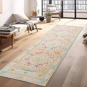 Washable Runner Rug 2’x10′- Boho Runners for Hallway Kitchen Entryway Bedroom Laundry, Non Slip Runner Rugs Rubber Backing, Stain Resistant Vintage Persian Mat, Low Pile Thin Indoor Carpet Runners