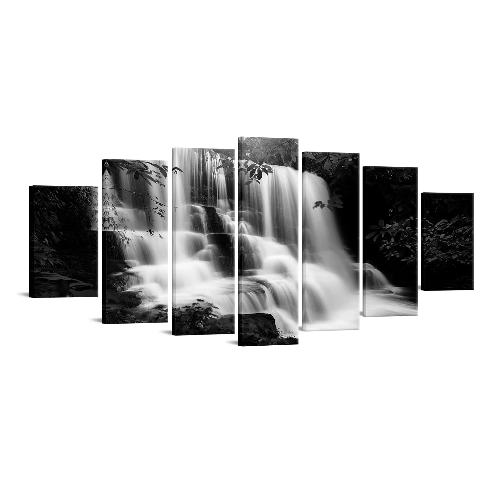 sechars XLarge 7 Piece Black and White Photo Canvas Prints Dreamlike Waterfall Pictures Painting Wall Art Modern Forest Nature Landscape Artwork Framed for Living Room Home Decoration W-70 x H-32