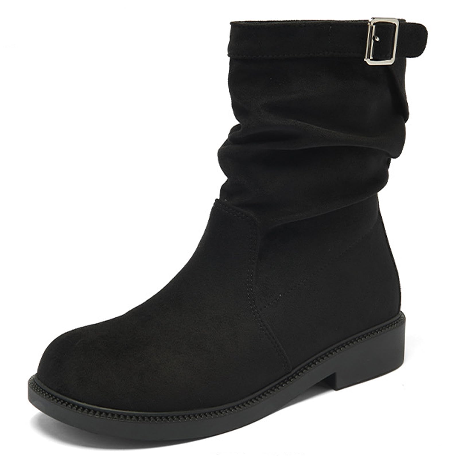 Womens Suede Block Heel Mid-Calf Boots Retro Round Toe Flat Slip-On Stacked Ankle Boots Fashionable Buckle Western Cowboy