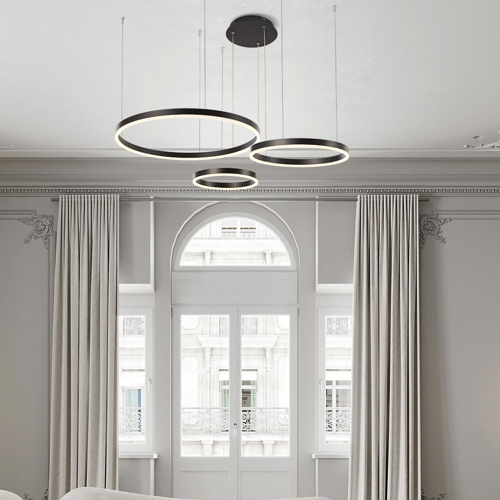 STARRYOL Lampada a sospensione moderna a LED, lampadario a sospensione a luce regolabile a 3 anelli Lampadario moderno a soffitto, dimmerabile 2700K - 6500K, con telecomando 78w - nero