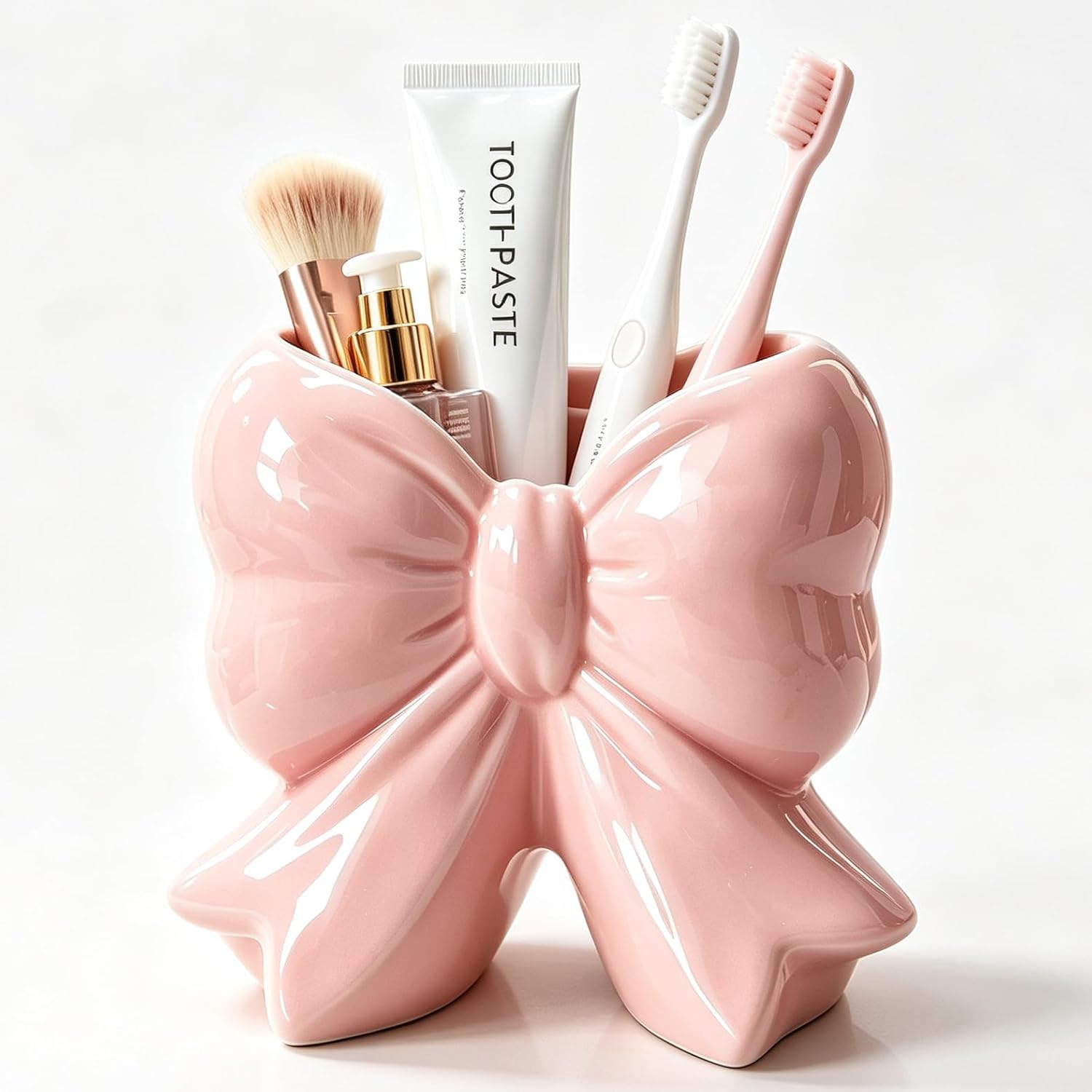 Pink Bow Toothbrush Holder for bathrooms, Cute Ceramic Multi-Purpose Organizer Decor for Bathroom Kitchen Office, Birthday Gift for Women