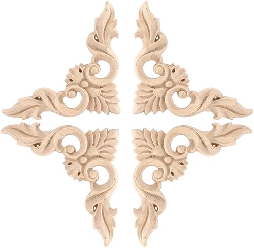 Miniatura 7 de BSYMDH 4 calcomanías de madera de esquina para tallar, apliques de madera sin pintar, apliques de madera tallada para pared, cama, puerta, armario,