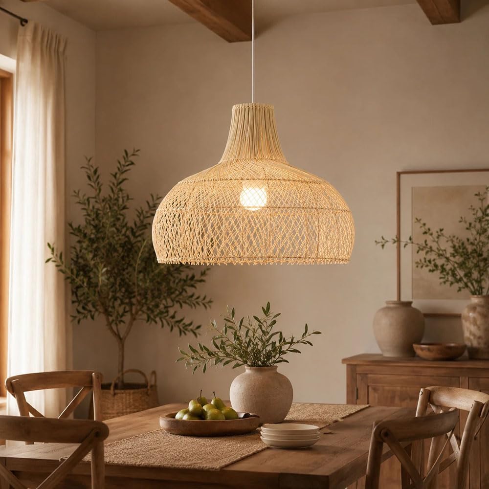 Beżowa Lampa Wisząca, 23,62-calowa Pleciona Lampa Wisząca Do Kuchni, Wyspy, Jadalni, Sypialni I Przedpokoju, Lampa Wisząca W Stylu Boho Z Rattanu W Stylu Rustykalnym, Regulowany Przewód, Sufit Skośny