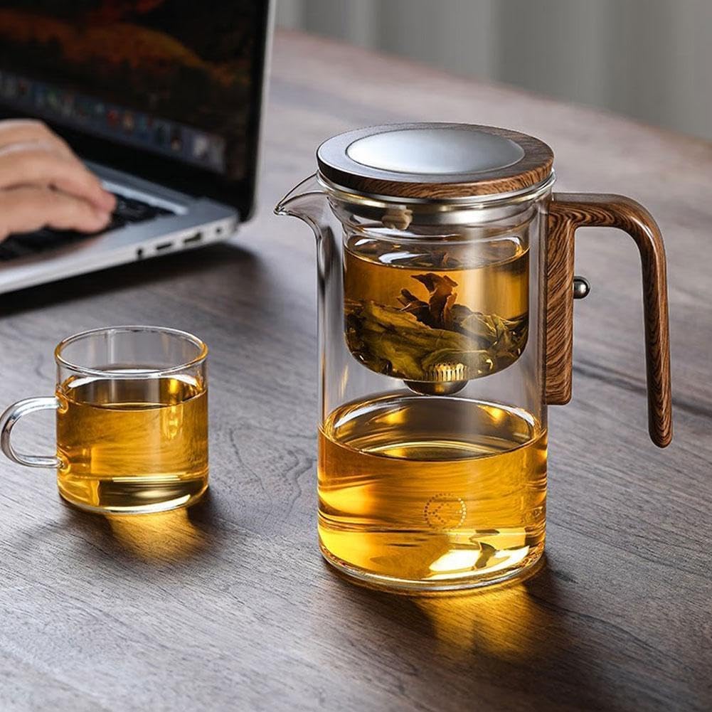 Teiera in vetro con infusore a pressione, teiera incantata 2 in 1, con manico in legno, regalo per gli amanti del tè, colore bianco, 720 ml