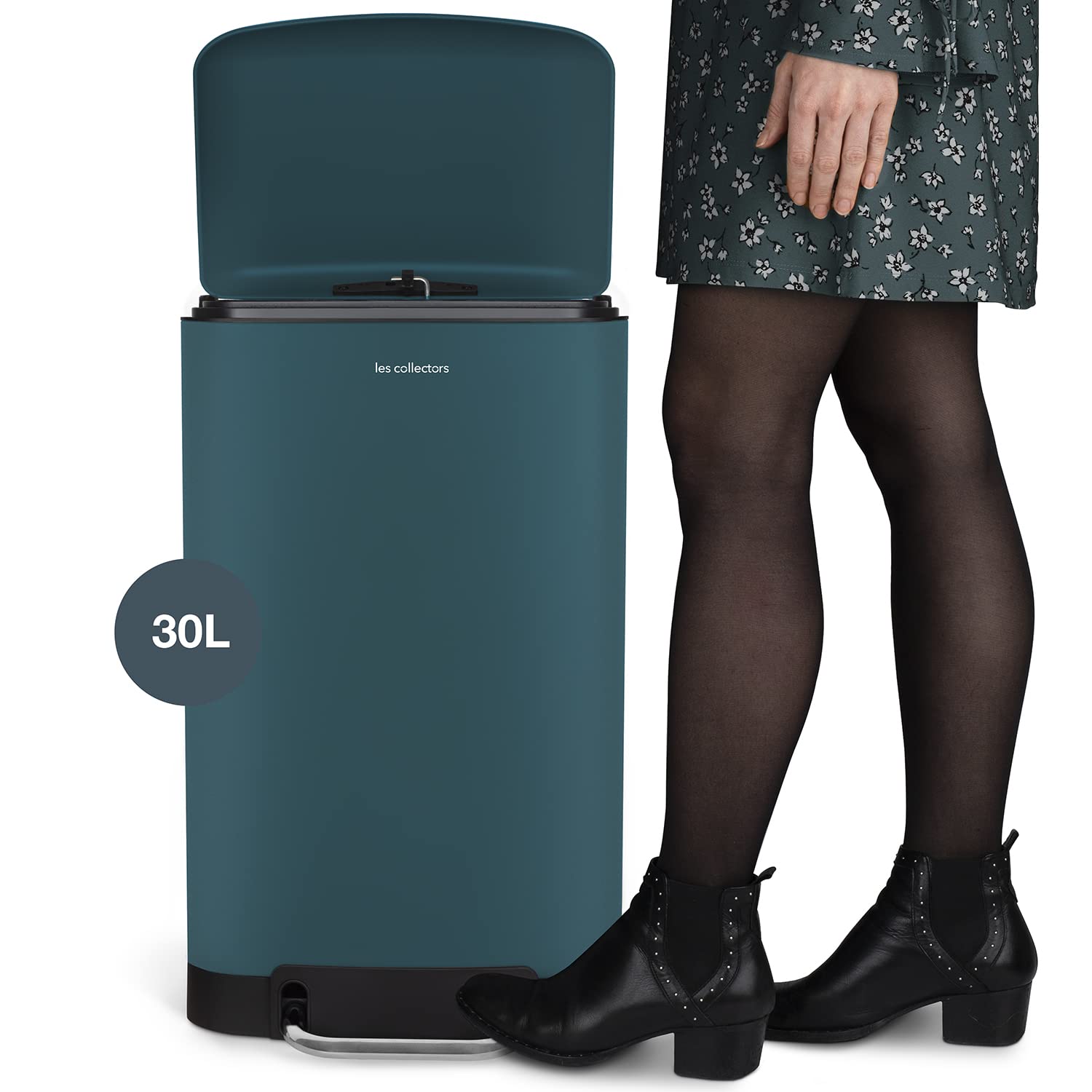 Les Collectors Mülleimer N°716, 30 L, passend für 30–50-Liter-Säcke, Küchen-Tretabfalleimer Edelstahl, Fassungsvermögen, herausnehmbarer Inneneimer, elegantes Design, mattes Finish, Petrolblau