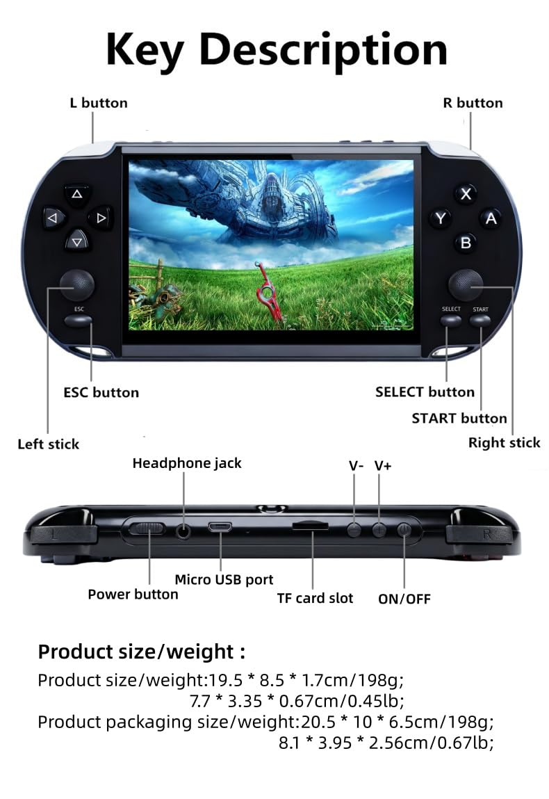 HLF Console per videogiochi multifunzione da 5,1 pollici integrata 4000 giochi retrò portatile supporto portatile Arcade MAME emulatore multiplo giochi archiviabili MP3/4 e-book uomini/bambini (nero)