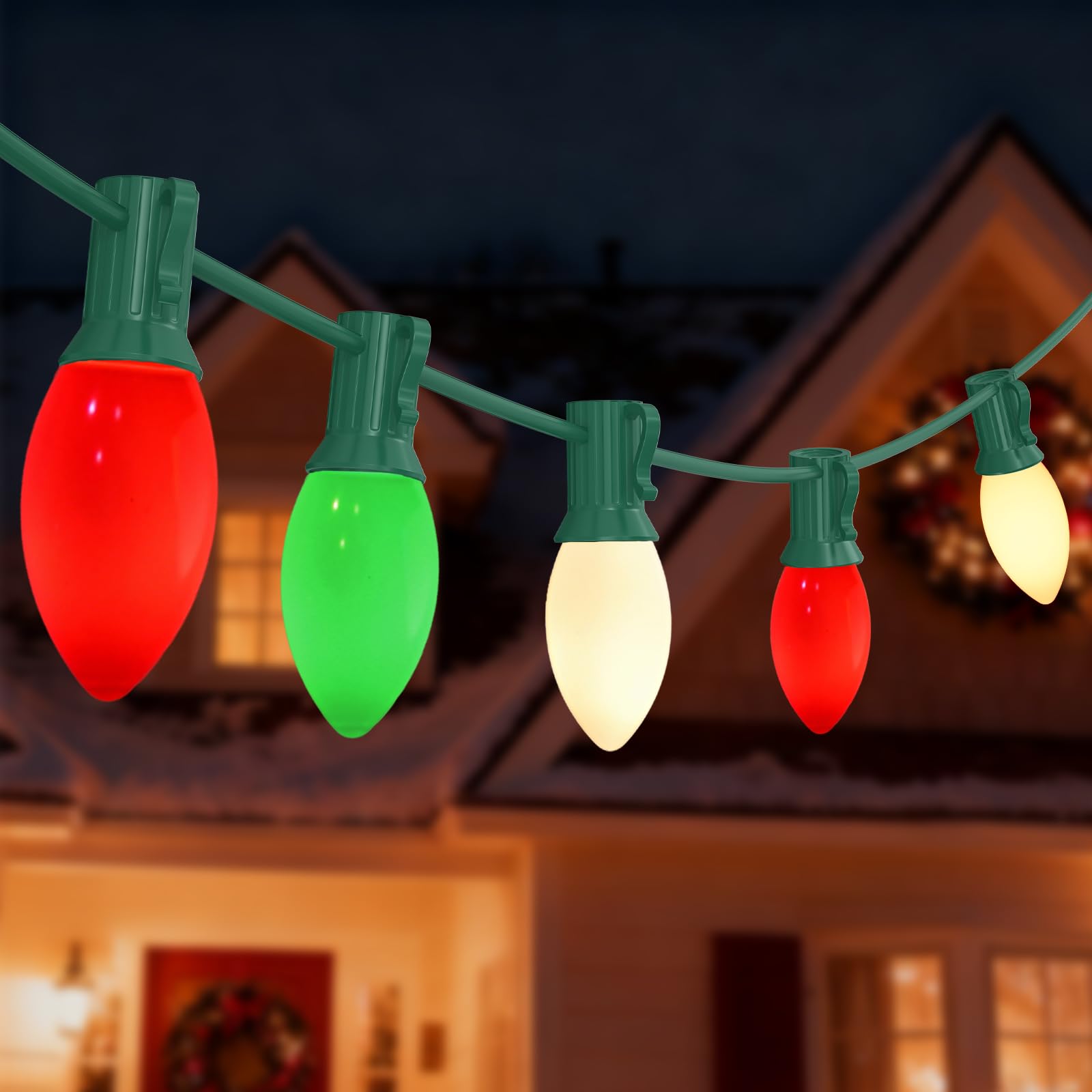 LEDクリスマスライト 赤緑青白　延長コード&タイマー付 Oviejo C9 Christmas Lights Outdoor, 25Ft Red Green White Christmas