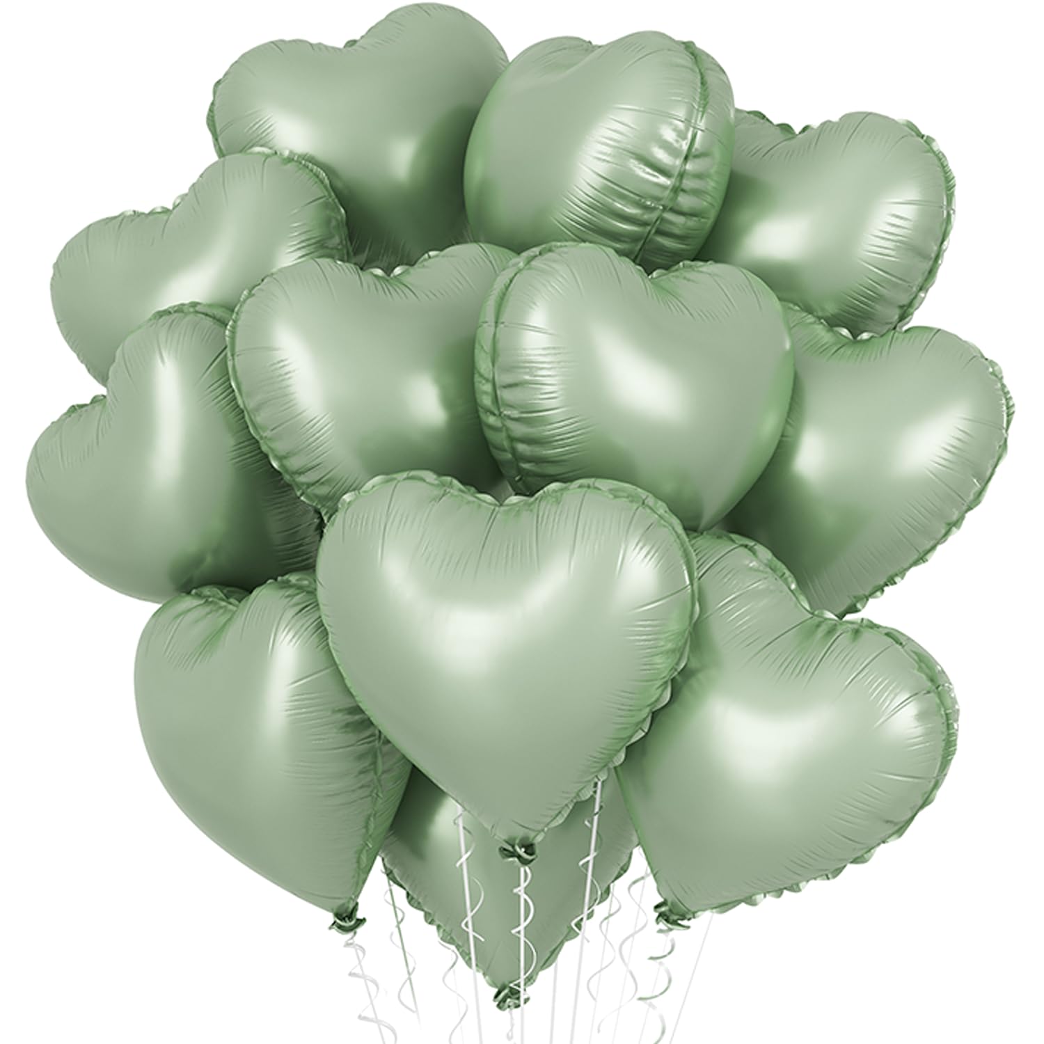 Olive Green Heart Balloons, 18 Inch Sage Green Foil Heart Shape Balloons, 12Pcs Green Heart Mylar Balloons for Jungle Birthday Decorations Valentines Engagement Wedding Anniversary