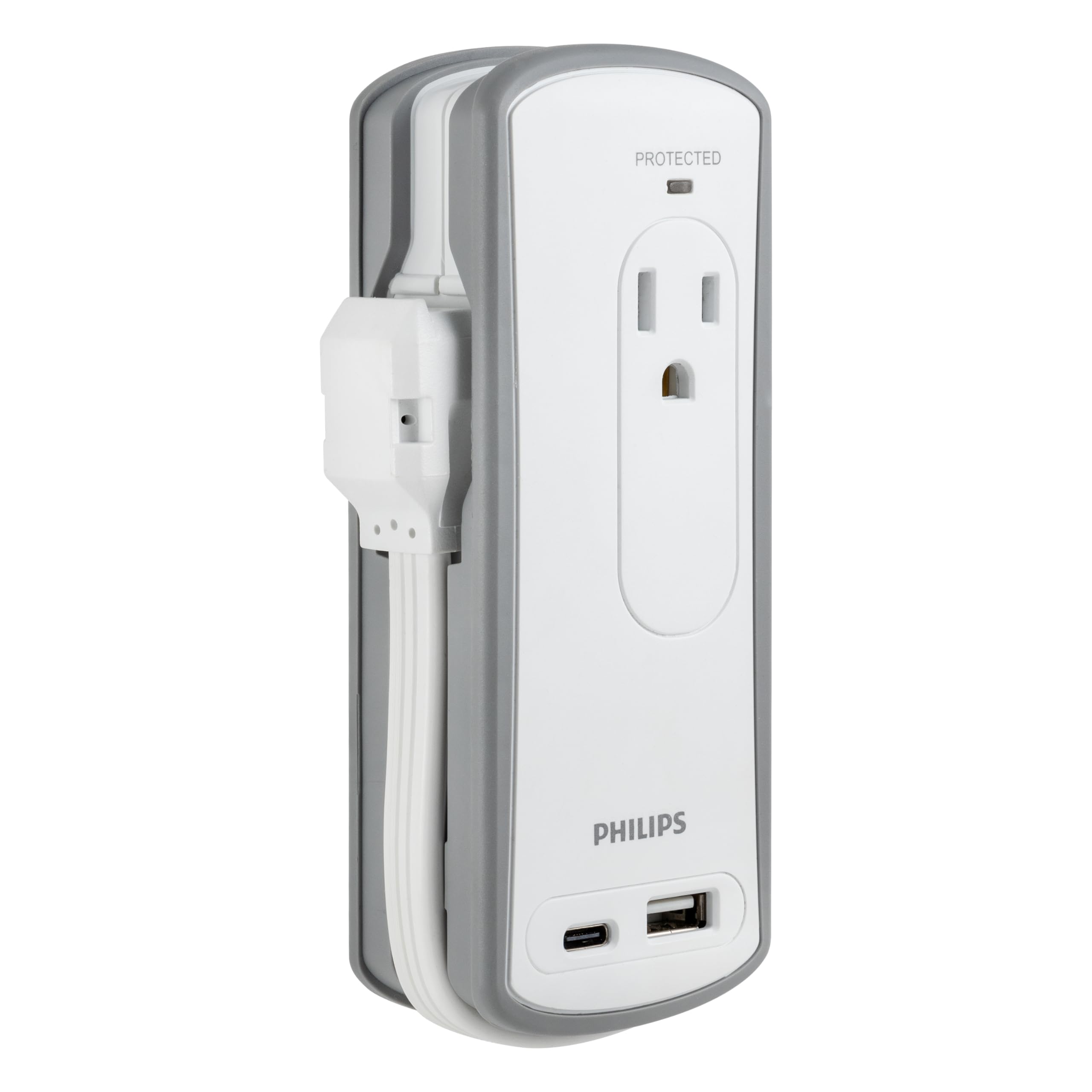 Philips 2-Outlet Travel Surge Protector, 2 USB 1A/1C, 5V/3.4A, 300J, 1 Ft, Grey/White, SPP2111WA/37