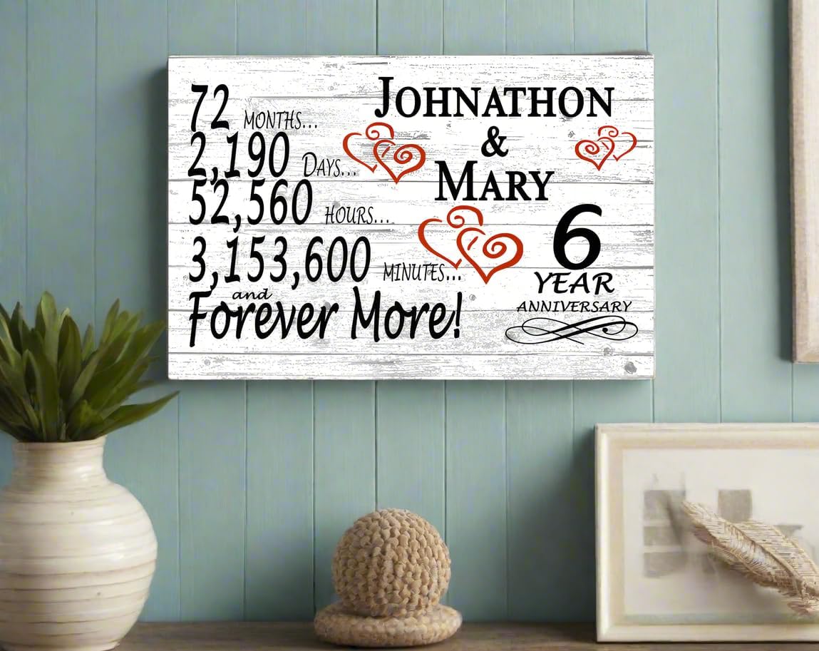 Personalized 6 Year Anniversary Sign Gift 6th Wedding Anniversary Present For Couple Days Minutes Years - Solid Wood - 16.5in x 10.5in x .75in (06 Year)