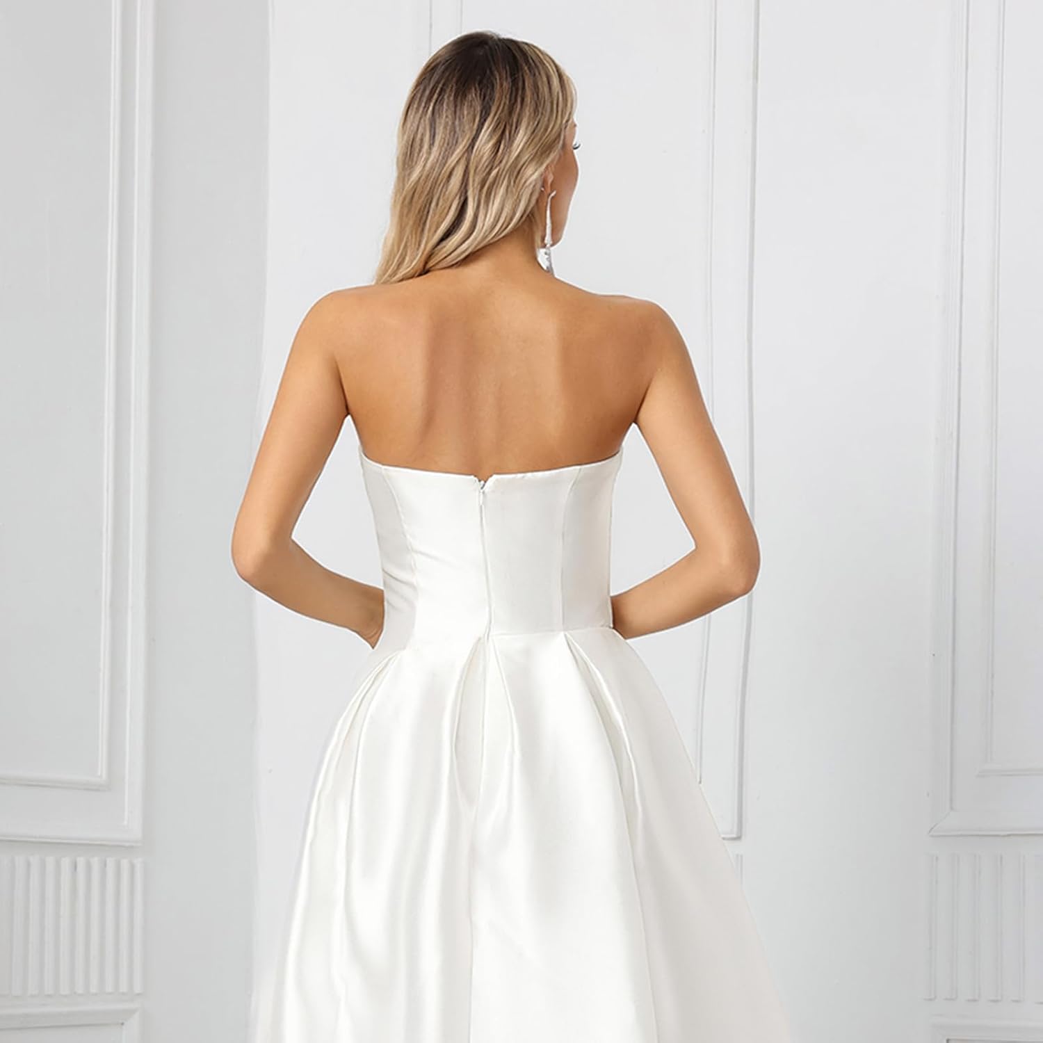 Off Shoulder Wedding Dress for Bride Sleeveless Ruched A-Line Bridal Gown with Long Train for Satin Engatement Wedding - Image 5