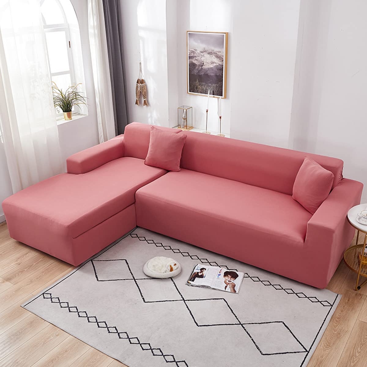 Housse de canapé en forme de L pour illuminer et décorer votre salon cocooning en rose clair