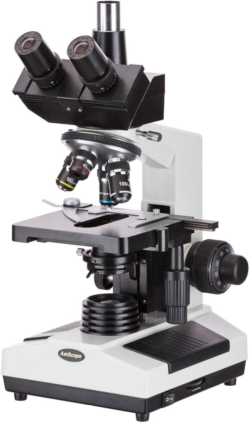 AmScope T390A-3M Digital Professional Compound Trinocular Microscope, 40X-1600X Magnification, WF10x and P16x Eyepieces, Brightfield, Halogen Illumination, Abbe Condenser, Double-Layer Mechanical Stage, 110V-220V Auto-Switching, Includes 3MP Camera with Reduction Lens and Software