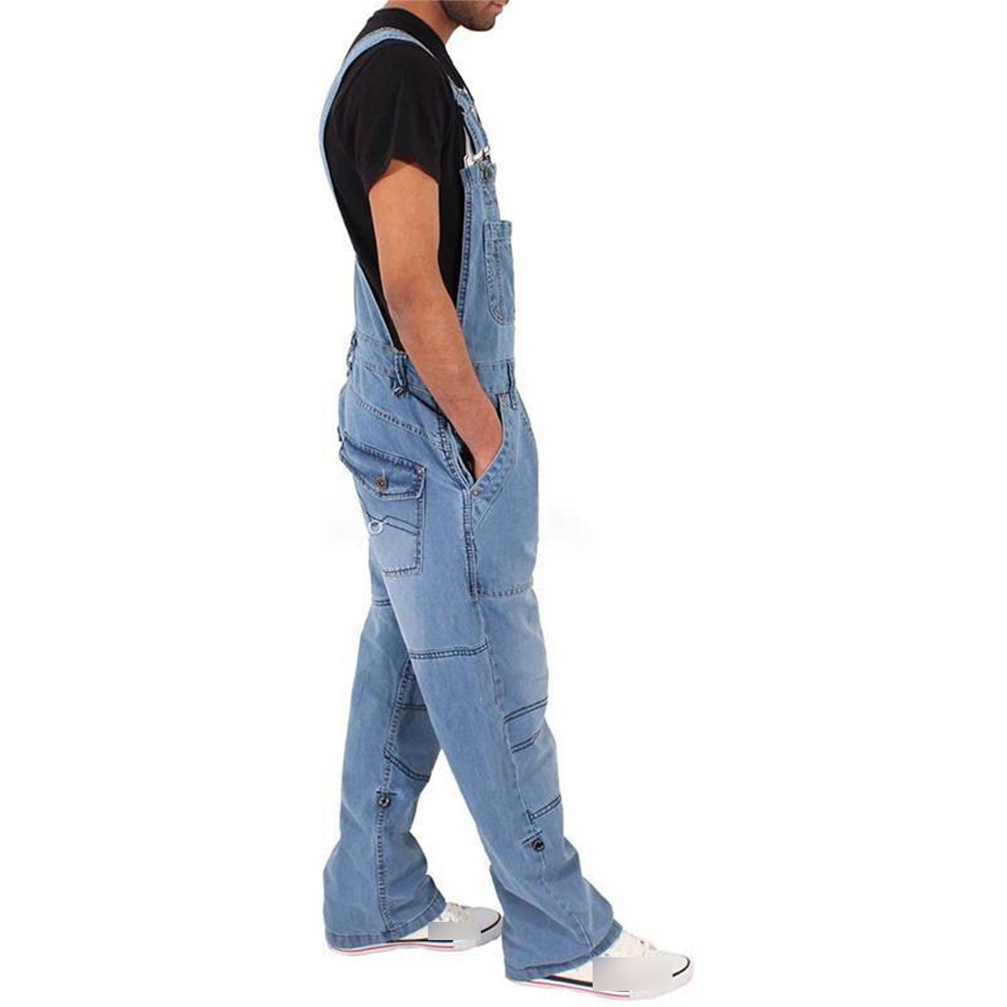 Men Casual Denim Bib Overalls Simple Convenient Multi-Pocket Straps Jeans Y2K Retro Adjustable Loose Jumpsuit (Light Blue,XX-Large)