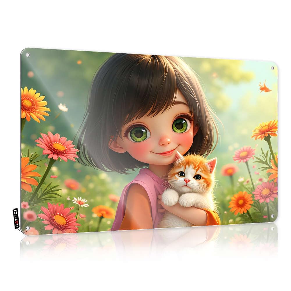Fzfn Girls Colour Decor Emo Ready To Hang - A Holding A Kitten Surrounded By Colorful Flowers. Decor For Walls(30X40cm)