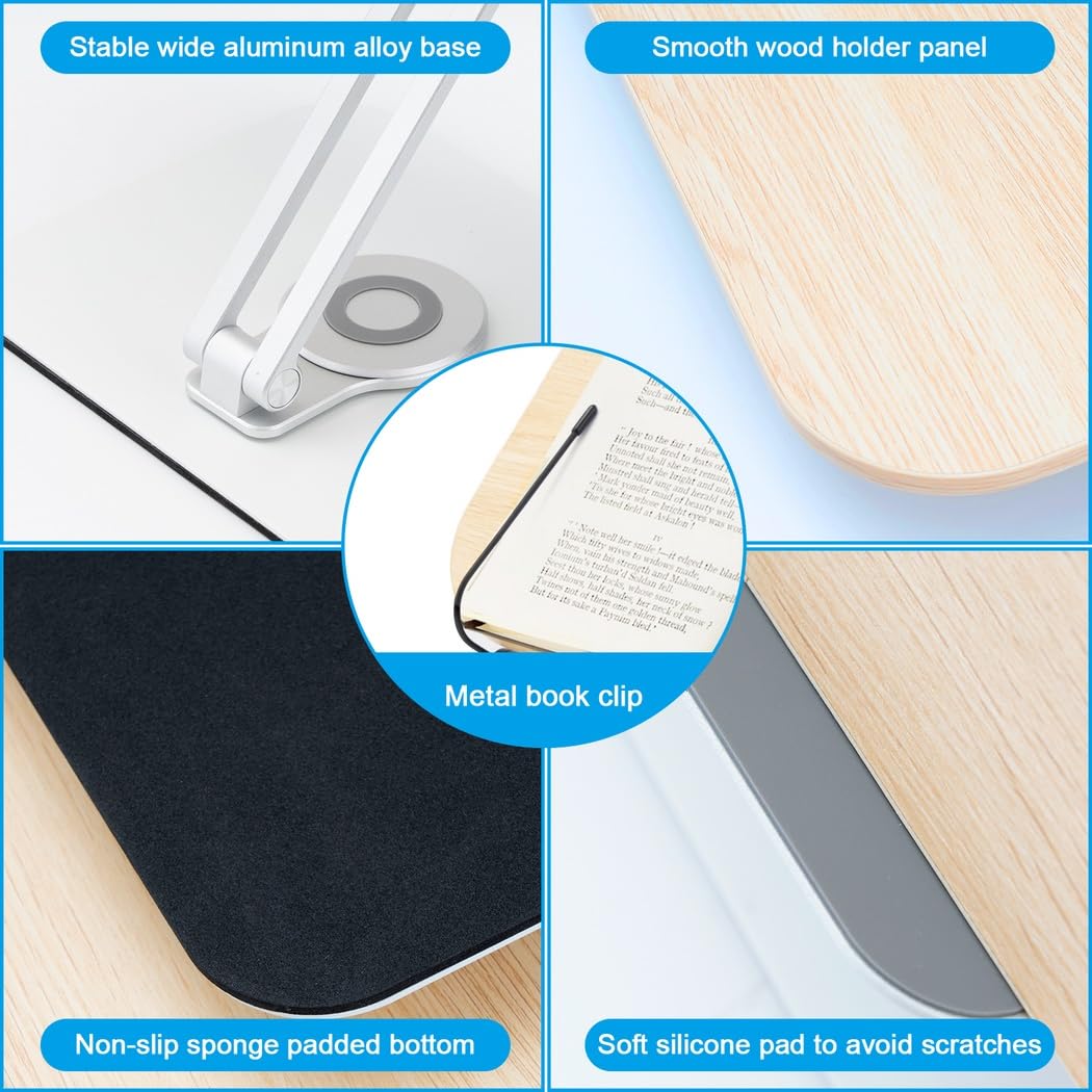 Supporto per libri regolabile in altezza con clip per pagina, supporto ergonomico in lega di alluminio per tablet, fogli musicali, libri di cucina e libri di testo