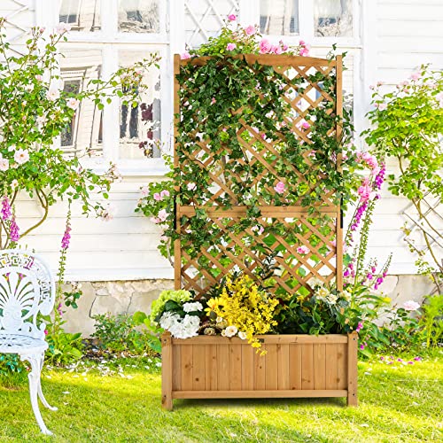 HAPPYGRILL-2-Pcs-Raised-Garden-Bed-71-Garden-Planter-with-Trellis-Drainage-Holes-Freestanding-Garden-Planter-for-Vine-Climbing-Plants-Wooden-Planter-Box-for-Yard-Balcony-Yellow HAPPYGRILL 2 Pcs Raised Garden Bed 71 Garden Planter with Trellis Drainage Holes Freestanding Garden Planter for Vine Climbing Plants Wooden Planter Box for Yard Balcony Yellow