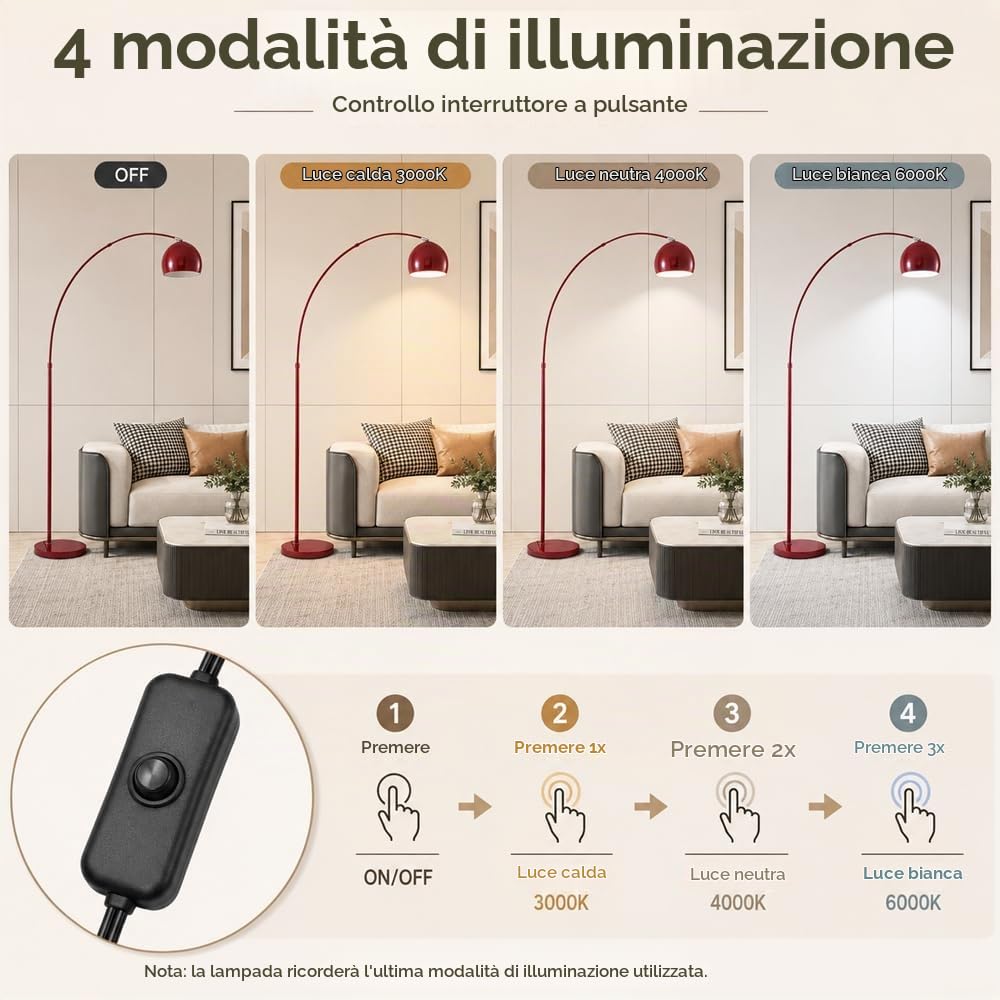 Lampada da terra moderna ad arco rosso, lampada da terra con braccio ad arco regolabile in altezza, luce da terra regolabile con dimmer a 3 colori e interruttore a pulsante, lampada da terra