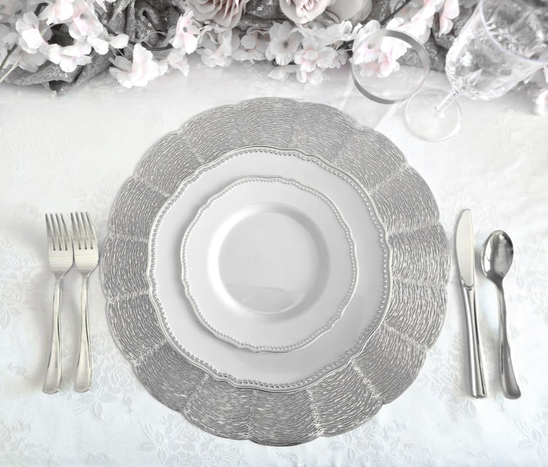 Occasions 10 Pieces Pack/Placemats Washable Easy to Clean PVC Heat-resistand Woven Vinyl Table Mats (Bloom-Shiny Silver)