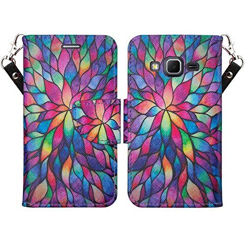 Samsung Express Prime Case, Galaxy Sol Case, Galaxy J3 V Case, Galaxy Sky Case, [Kickstand] Pu Leather Wallet Case With Id&Credit Card Slot For Samsung Galaxy J3/Galaxy Amp Prime, (Rainbow Flower) #TOP3
