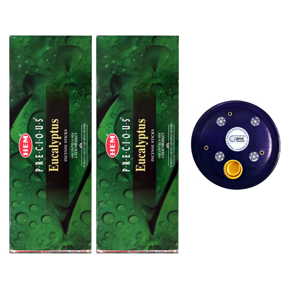 Hem Precious Eucalyptus Incense Sticks - Pack of 2 Boxes containing 6 Hexa in Each Box with Wooden Incense Holder by Behal International
