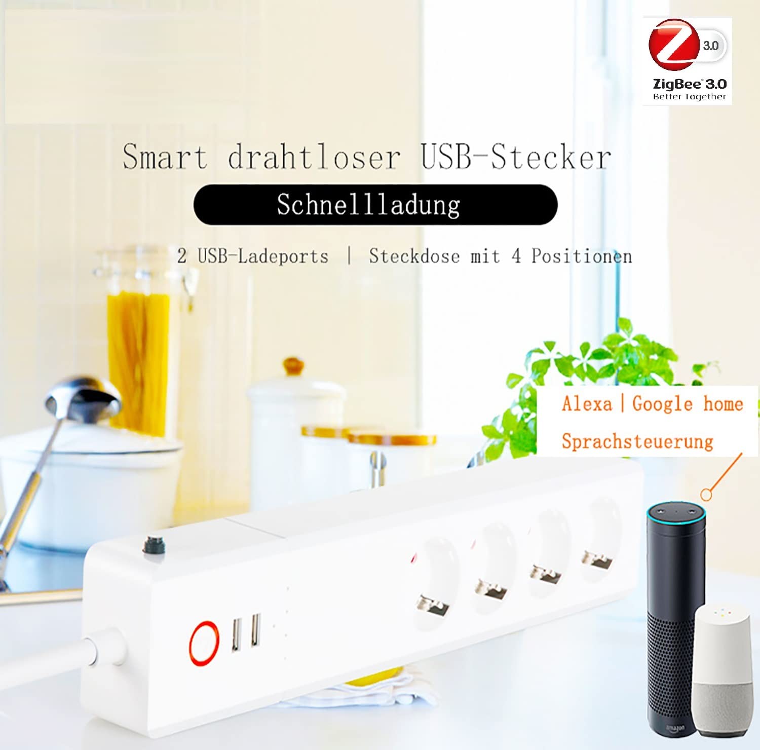 UseeLink Zigbee Steckdosenleiste,16A 4 Steckdosen 1 USB A/2 Typ-C(Schnellladen) Mehrfachsteckdose mit Überspannungsschutz, Alexa,Google Home, ZHA,2MQTT