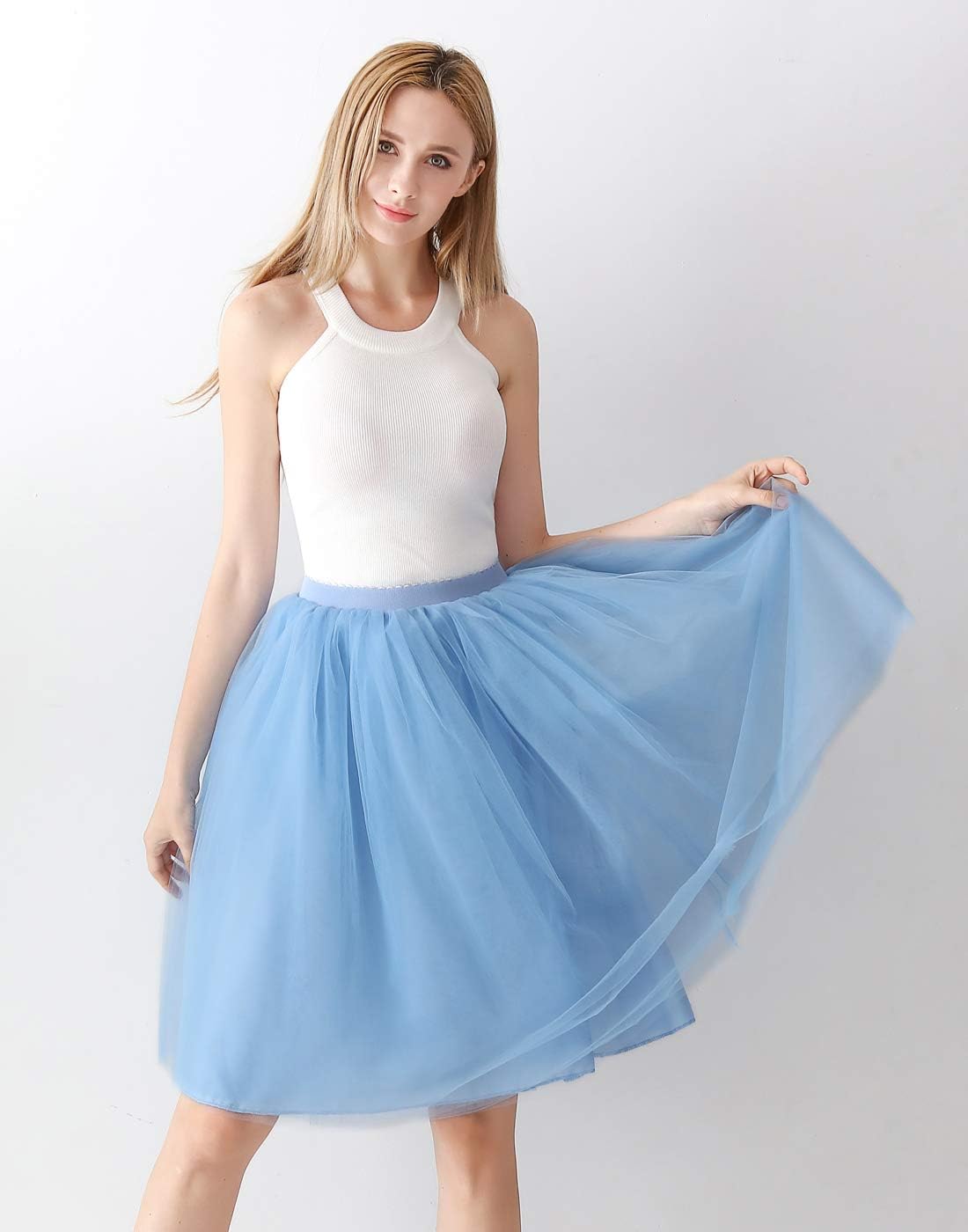 FEOYA Women Tutu Skirts 5 Layered Knee Length Tulle Skirt A-line Pleated Princess Skirts Evening Gown Prom Wedding Skirt - Image 4