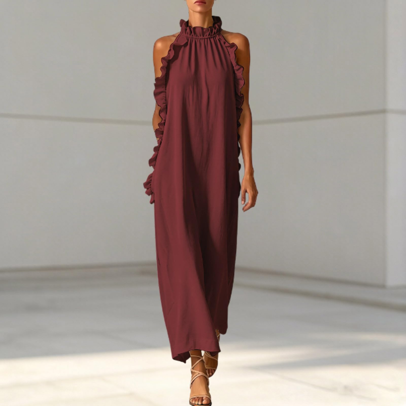 Générique Robe d'été Fluide sans Manches avec col volanté et Poches latérales, Coupe Amincissante pour Femme, idéale pour Les journées Chaudes et Les Sorties décontractées