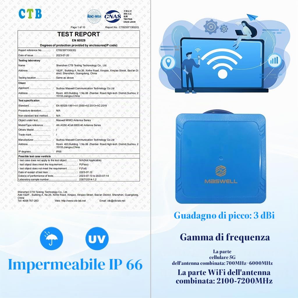 Maswell Antenna esterna 4-in-1 2X2 MIMO 5G + WiFi 7 2X2 MIMO, 700-6000 MHz basso guadagno 3dBi Non per gare di velocità, con WiFi 6E, Bluetooth, WiMAX e Zigbee, montaggio con vite e adesivo