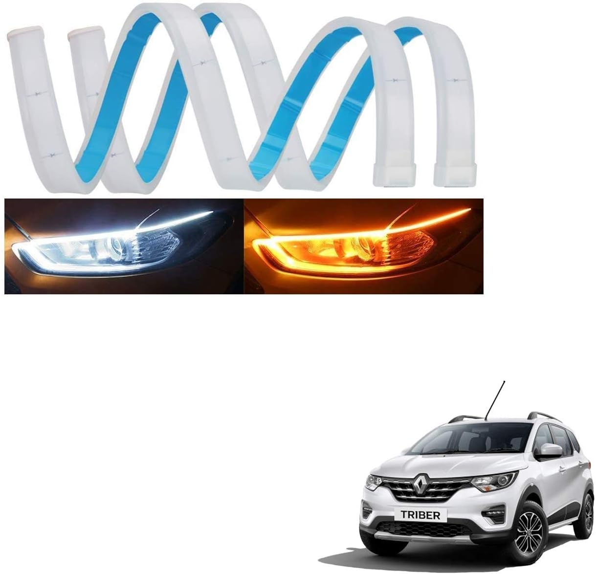 Kozdiko 60 cm Flexible White Daytime Running Light for Cars with Matrix Yellow Indicator with Turn Sequential Flow (60 cm, Set of 2 Pieces) ForRenault Triber