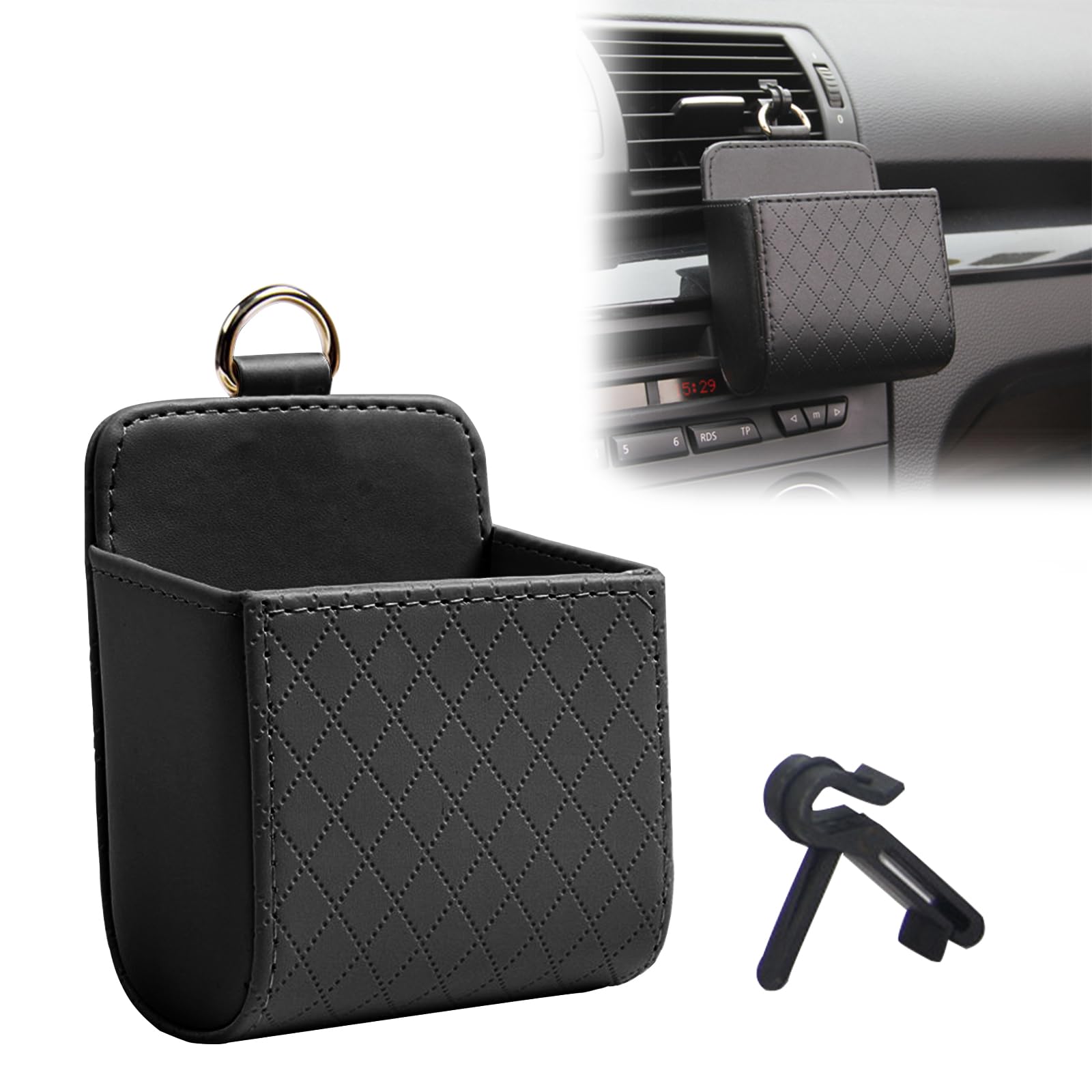 VBGURR Leather Car Organizer Pouch Box, Universal Boot Organiser, Auto Storage Bins for Front, Accessories for Men & Women (Black, 1 Pack)