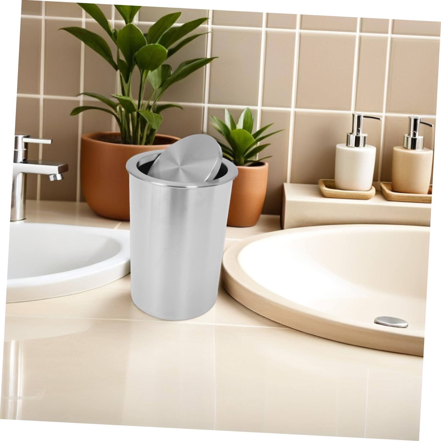 STOBAZA Cubo de Basura de Acero Inoxidable Empotrado para Encimera con Tapa Abatible, Diseño Redondo Moderno y Silencioso Adecuado para Baño y Cocina