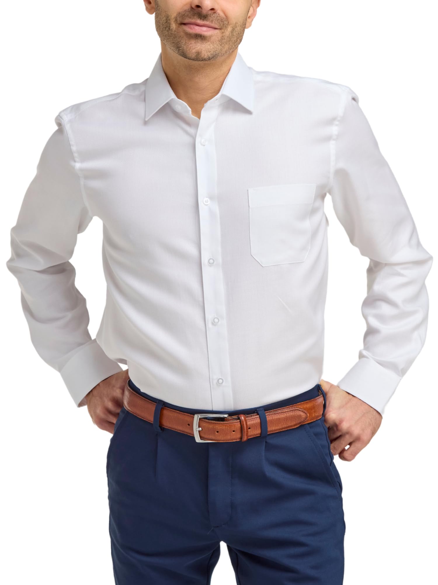Double Two Men's Cotton Formal Shirt - White - Herringbone Weave