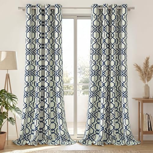 Image of Story@Home Cotton Curtain | Curtains 8 Feet Long Set of 2 | Geometric Printed | Bohemian Curtain | Room Darkening | Semi Long Door Curtains for Living Room | (116 X 242 Cm, White & Grey /Navy Blue)