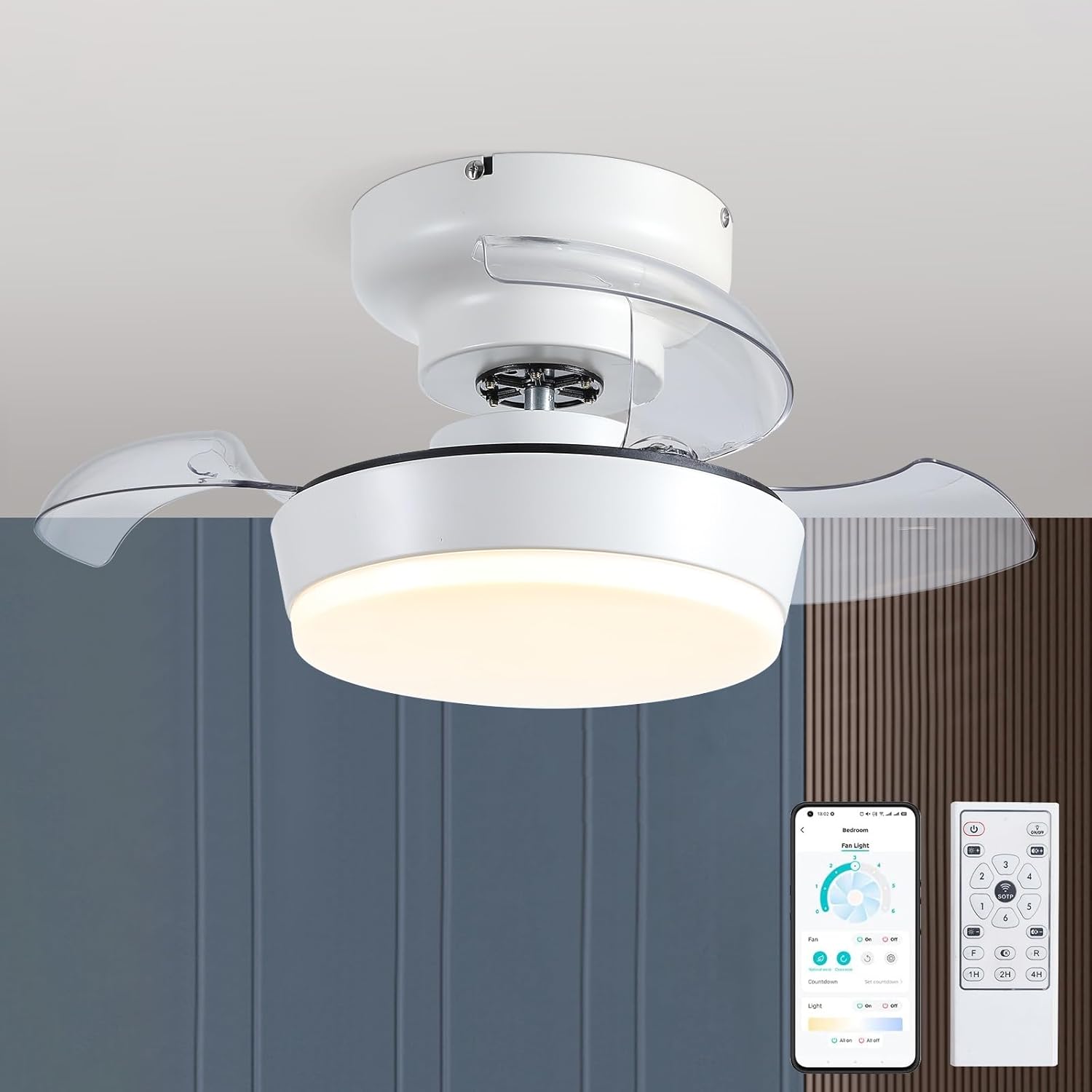 MADSHNE Retractable Ceiling Fan with Light, Modern Flush Mount Ceiling