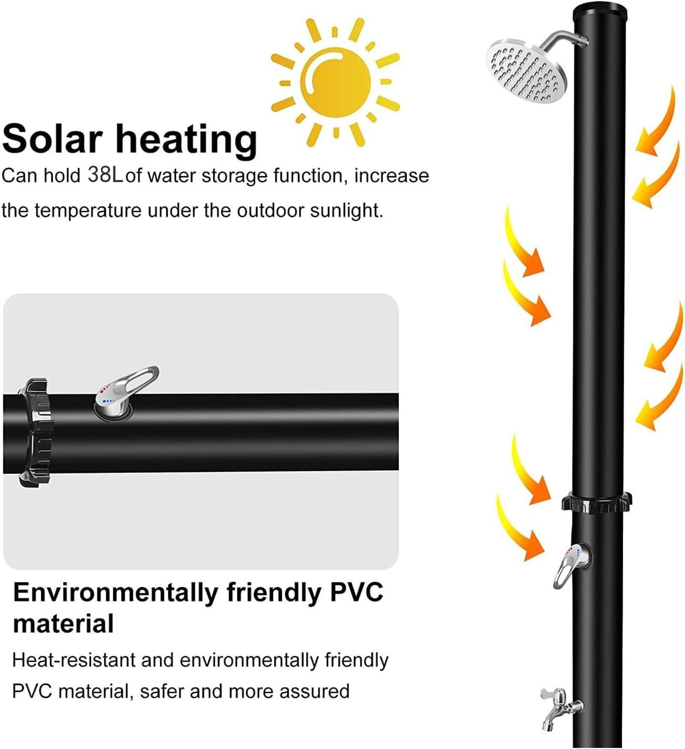 YAOJIA duchas Piscinas Exterior Ducha Solar For Exteriores, Gran Capacidad De Agua De 38 L/10 Galones con Cabezal De Ducha Y Grifo For Ducha De Pies, con Mezclador For Agua Fría Y Caliente, Negro