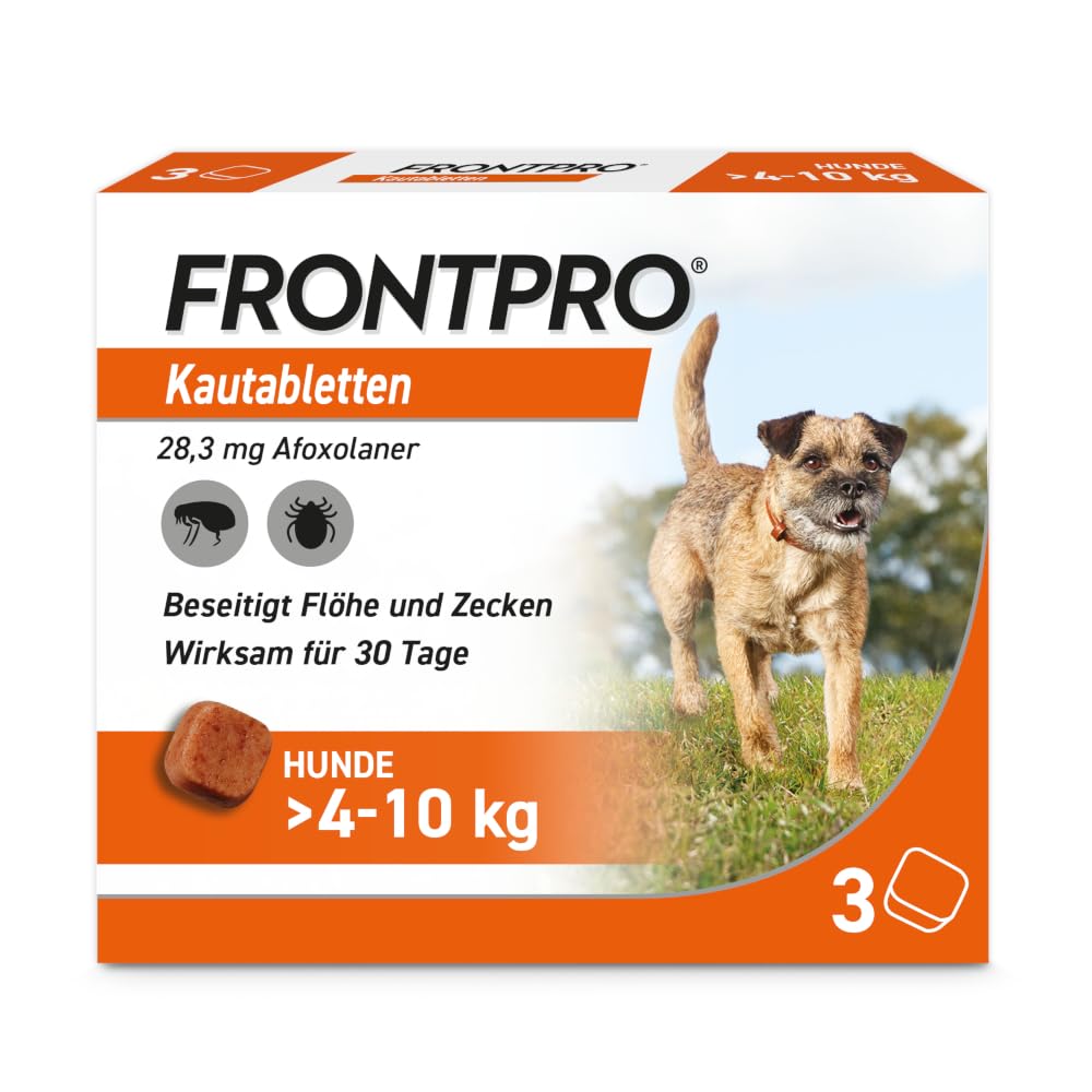 FRONTPRO Kautabletten für Hunde 4-10 kg 12-Monats-Set zum Schutz gegen Zecken und Flöhe mit Zeckenzange: Schützt bis zu 12 Monate