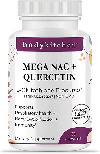 Body Kitchen Mega NAC (N-acetil cisteína) 600 mg con quercetina, apoya la salud respiratoria y la función inmunológica y promueve la desintoxicación