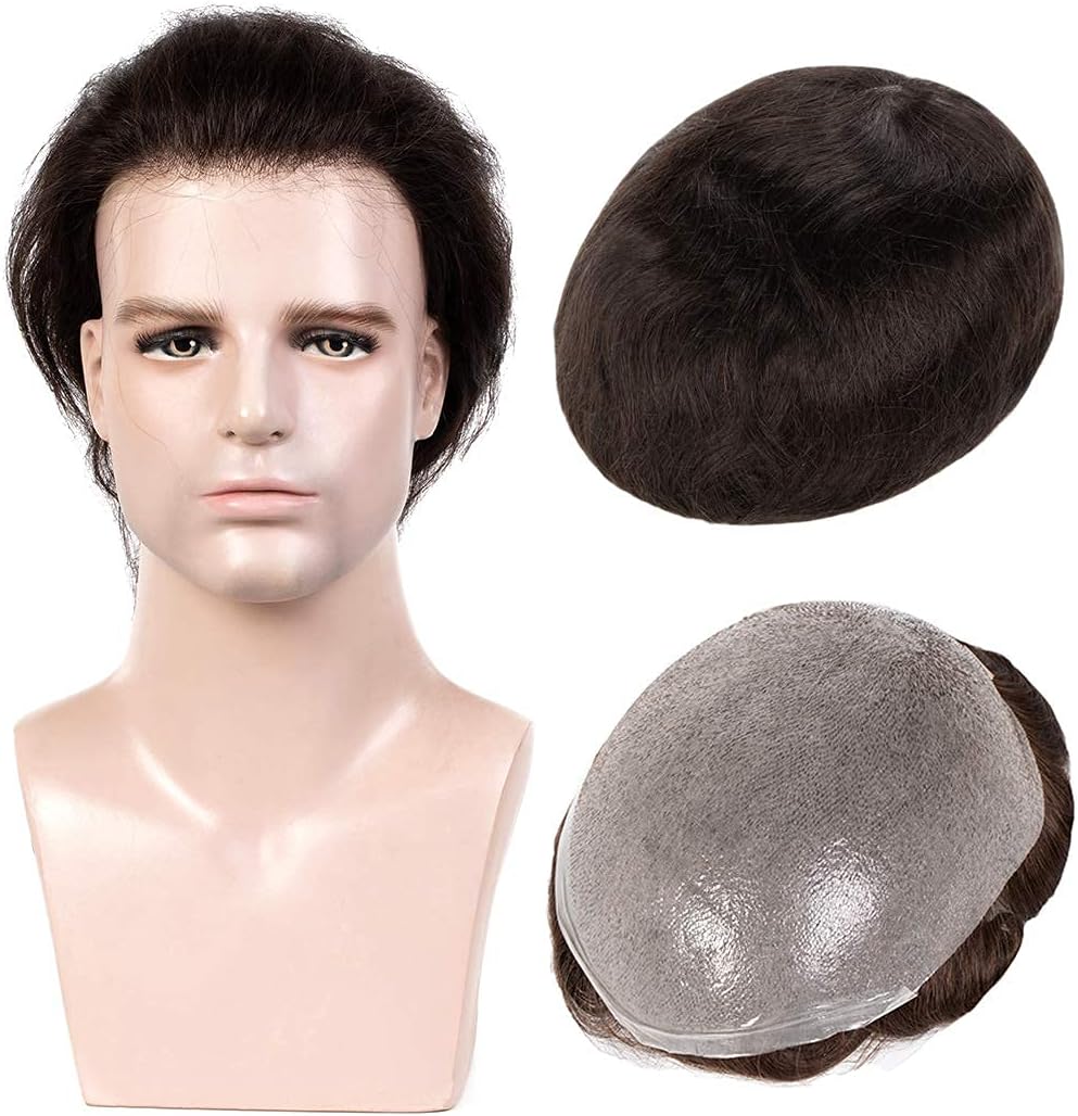 Toupee for Men Soft Thin Skin 100% European Real Human Hair Mens Hair Pieces 8x10 Inch Hair Replacement System for Men with 0.06mm V-loop #1(Jet Black Color)