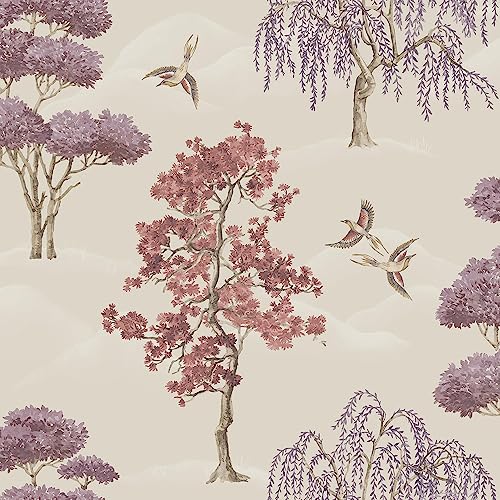 Maya Willow Woodland Trees Birds Burgundy Cream Wallpaper - Naturistic Floral - Modern Contemporary Feature Wall