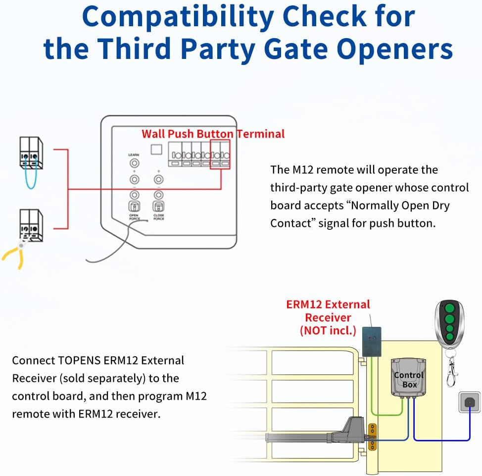 TOPENS M12 Remote Control 4-Button Transmitter for Automatic Swing Sliding Gate Opener 2-Pack Wireless Transmitter Key Fobs Security Gate Controller with Keychain - Image 4