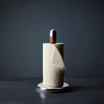 nambe Curvo Paper Towel Holder | Wooden Paper Towel Stand for Countertop | Kitchen Roll Holder with Weighted Base | Made of Acacia Wood and Metal Alloy | 7.5 x 13 Inch