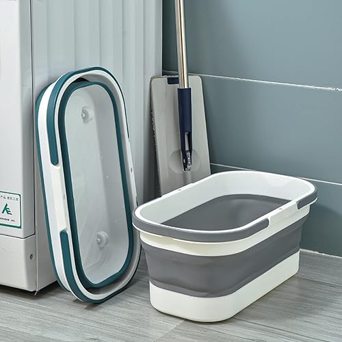 Miniatura 7 de Cubo de plástico plegable de 14 L (3.7 galones) con ruedas para limpieza de la casa, cesta rectangular práctica multiusos para limpiar trapeador,
