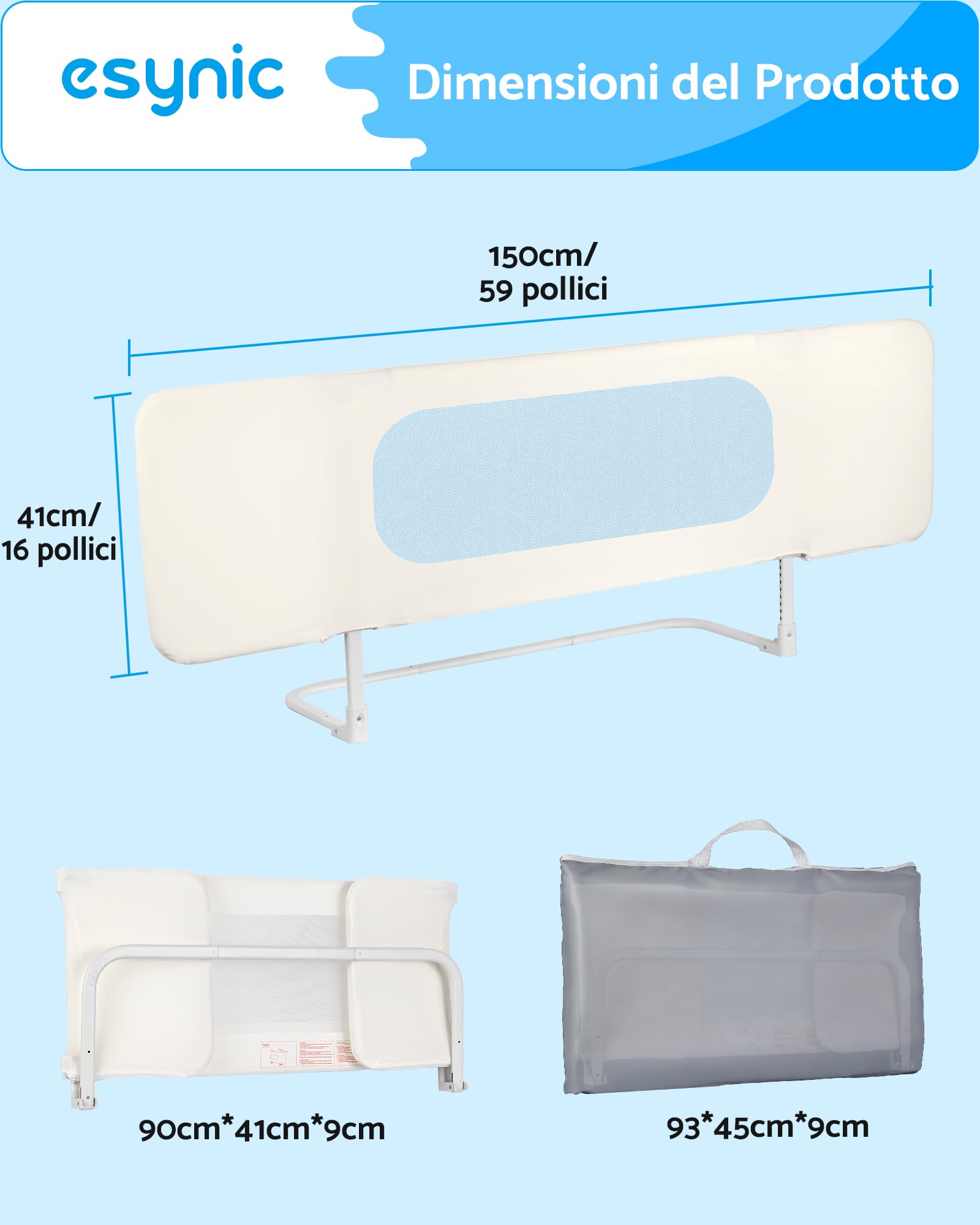 eSynic Barriera Letto Bambini 150cm, Pieghevole e Portatile da Viaggio, Altezza Regolabile su 19 Livelli da 2-26cm, Sponda Lettino a Tre Ante per Piccoli 0-5 Anni, Forma Variabile a L, U e I - Beige