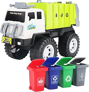 Zhongdawei Children Garbage Truck, Garbage Truck with 4 Trash Sorting Cans for Kids Sanitation Truck Car Garbage Trucks Playset Toy Vehicles Set Holiday Birthday Gift