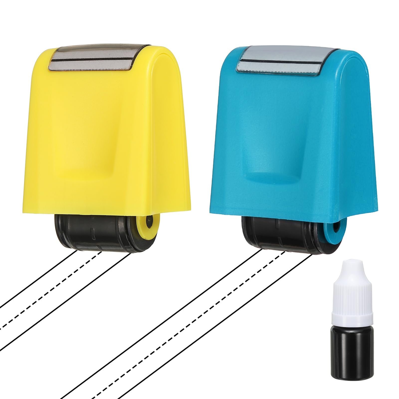 PATIKIL 2Pcs Dashed Handwriting Lines Practice Roller Stamp, Self Inking Line Rolling Stamps Sentence Strips Handwriting Practice for Teachers Classroom Office Home, Yellow/Blue