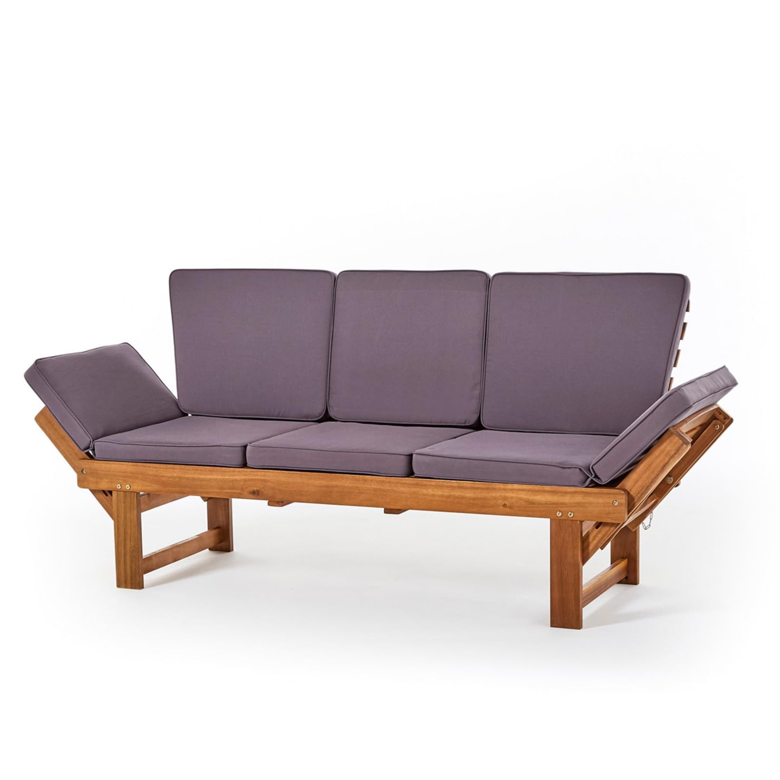 DESIGN DELIGHTS Holz GARTENBANK | 202cm, Akazie | Multifunktionsbank, Holzbank mit Polstern, verstellbare Sitzbank, Gartenliege mit integriertem Tisch, Holz Lounge Bank