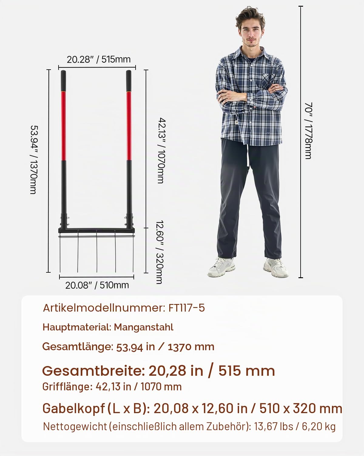 VEVOR Broadfork Doubleshaft 510x320 mm, 5-Zinken-Grabegabel mit Zwei Fiberglasgriffen, robuste Spatengabel, ergonomisches U-förmiges Design, Gartengerät zum Kompostieren, Umpflanzen & Belüften