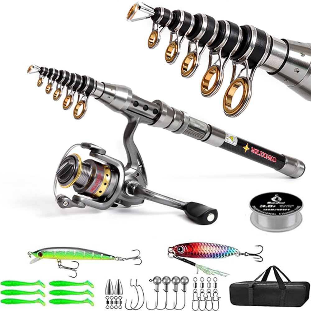 Telescopic Fishing Rod and Reel Combo, 7.87 Ft Carbon Fiber Rod, Complete Kit with Tackle Box, Lures, Hooks, Carrying Bag